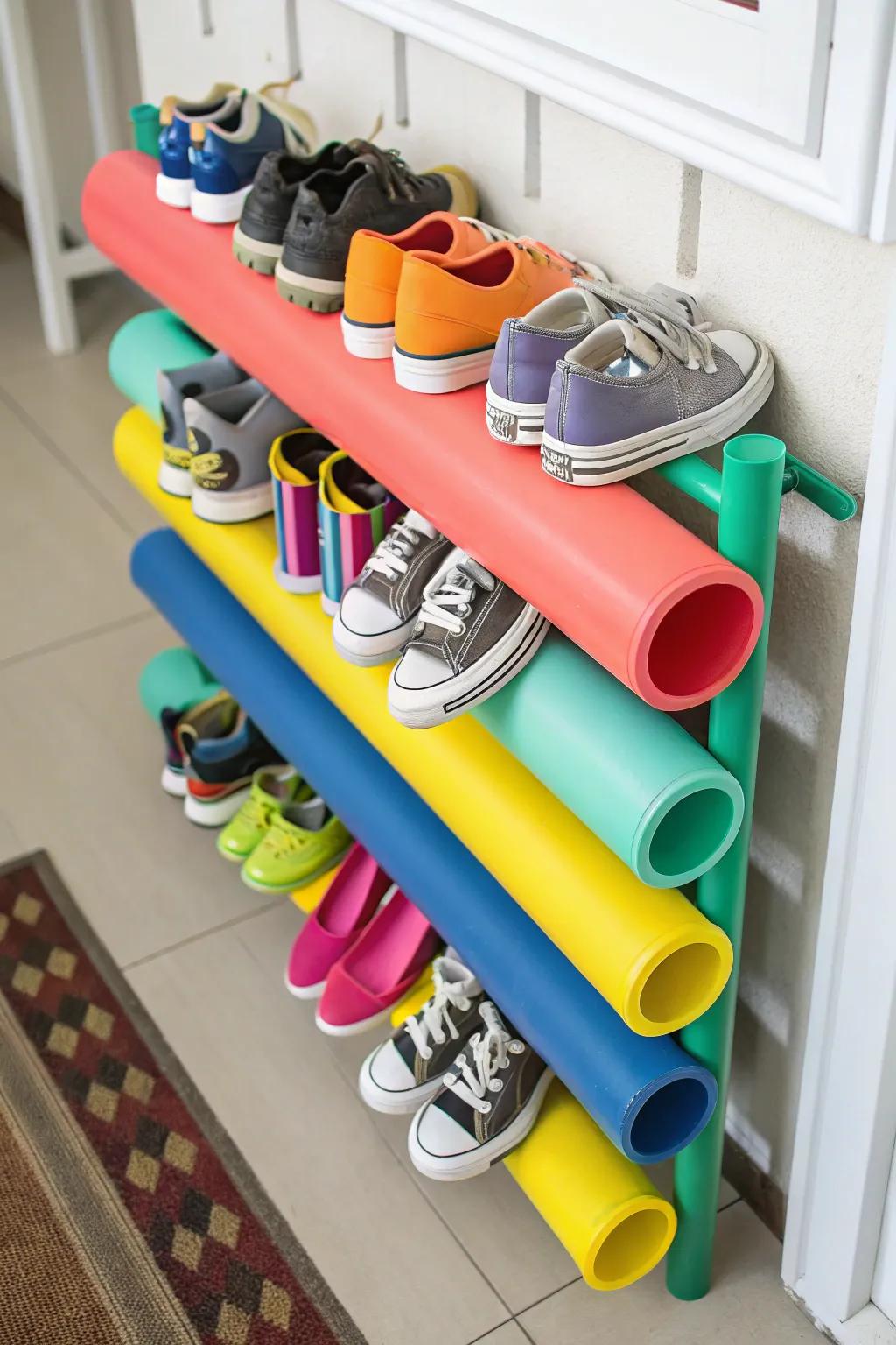 Get creative using PVC conduit shoe storage.