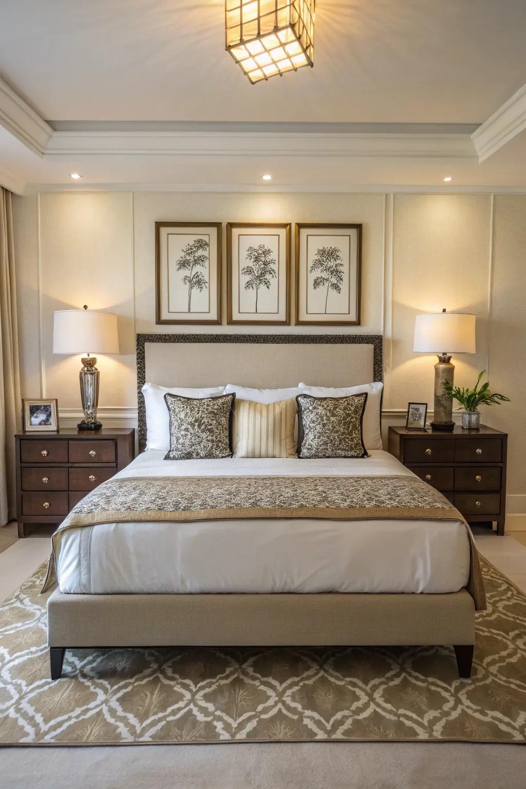 Symmetrical decor establishes equilibrium and harmony surrounding this king-sized bed.