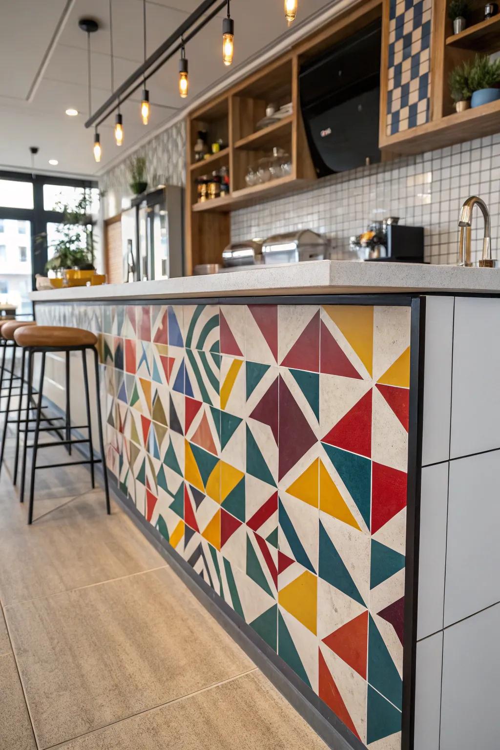Striking tiles add character and flair to the kitchen bar.