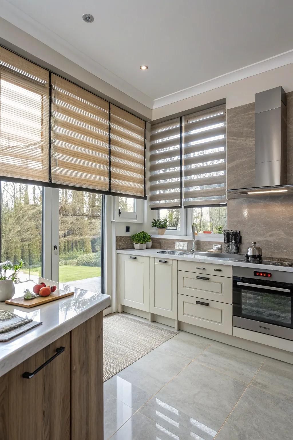 Stylish kitchen featuring layered blinds