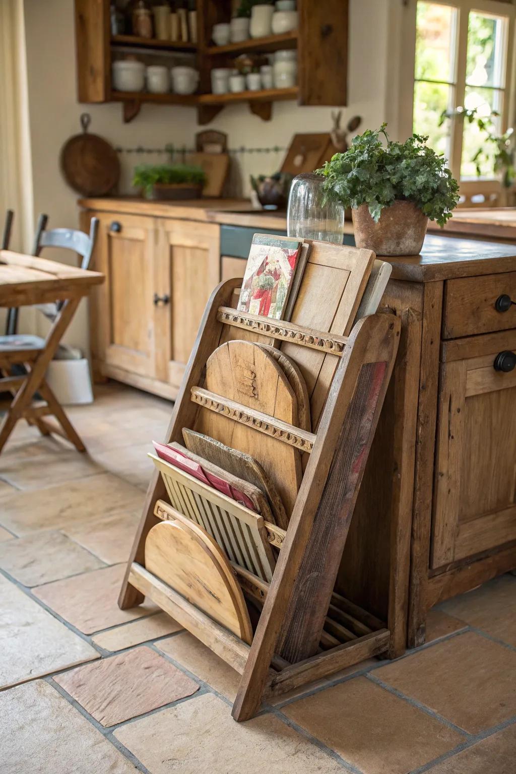 A vintage periodical rack delivers a distinctive method to feature chopping blocks with charm.