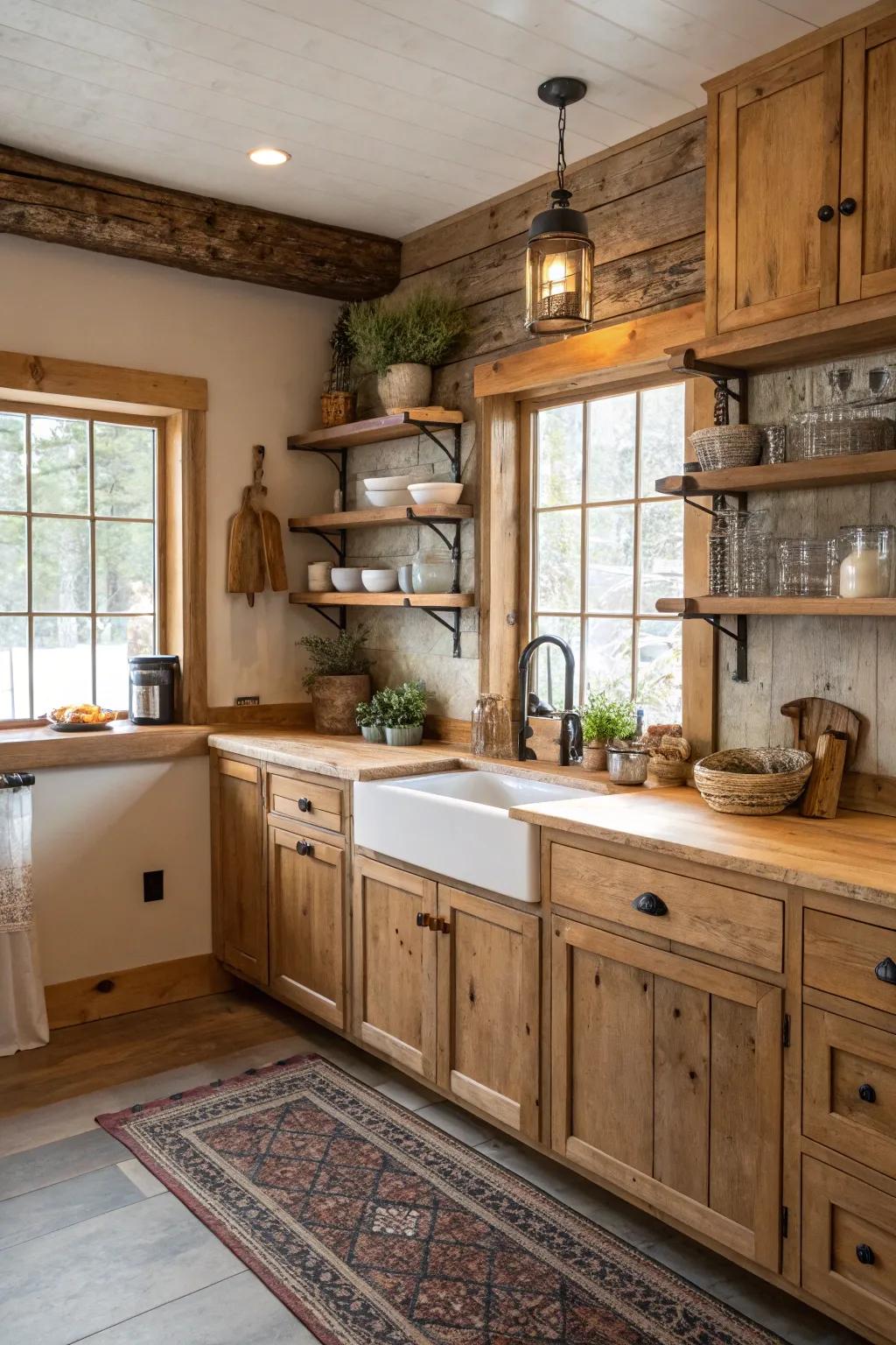 Pure timber cabinets add warmth and authenticity to the kitchen.