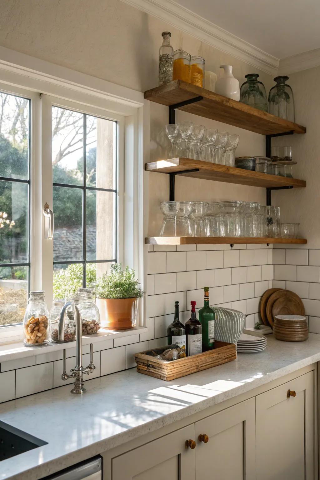 Shelves over windows optimize light and space.