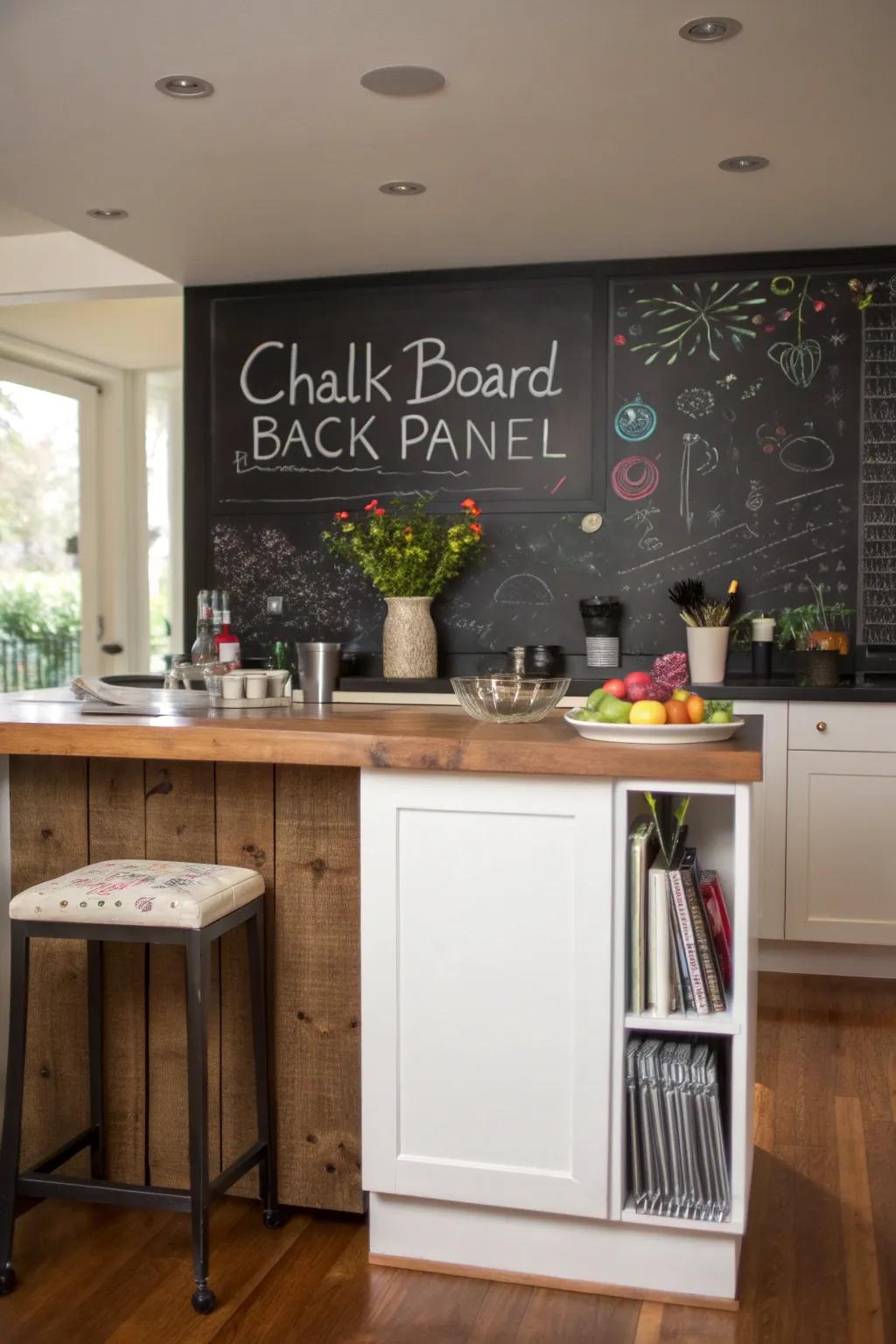 A blackboard rear surface contributes a playful and interactive touch to this kitchen island.