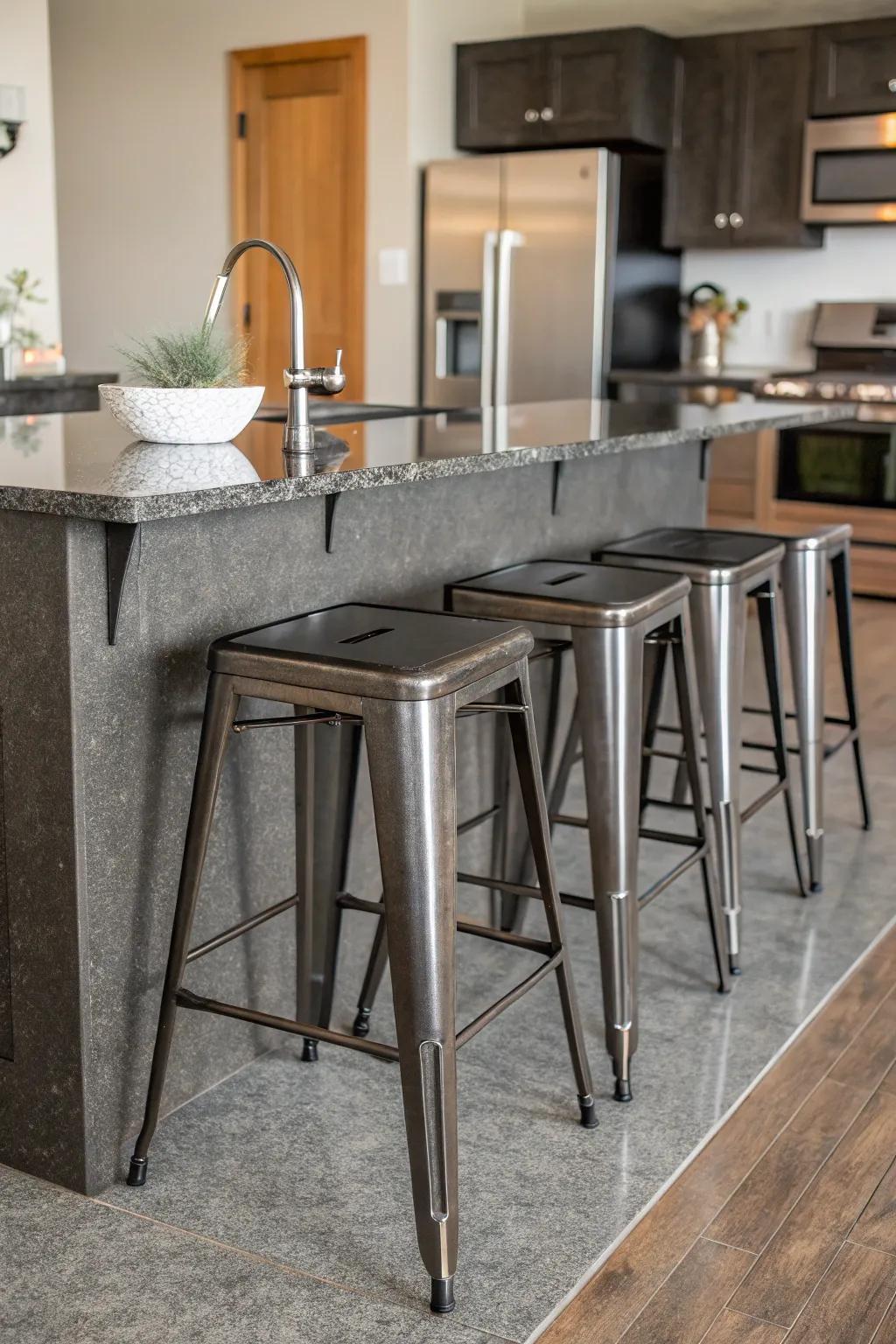 Metal stools introduce a factory vibe to your kitchen.