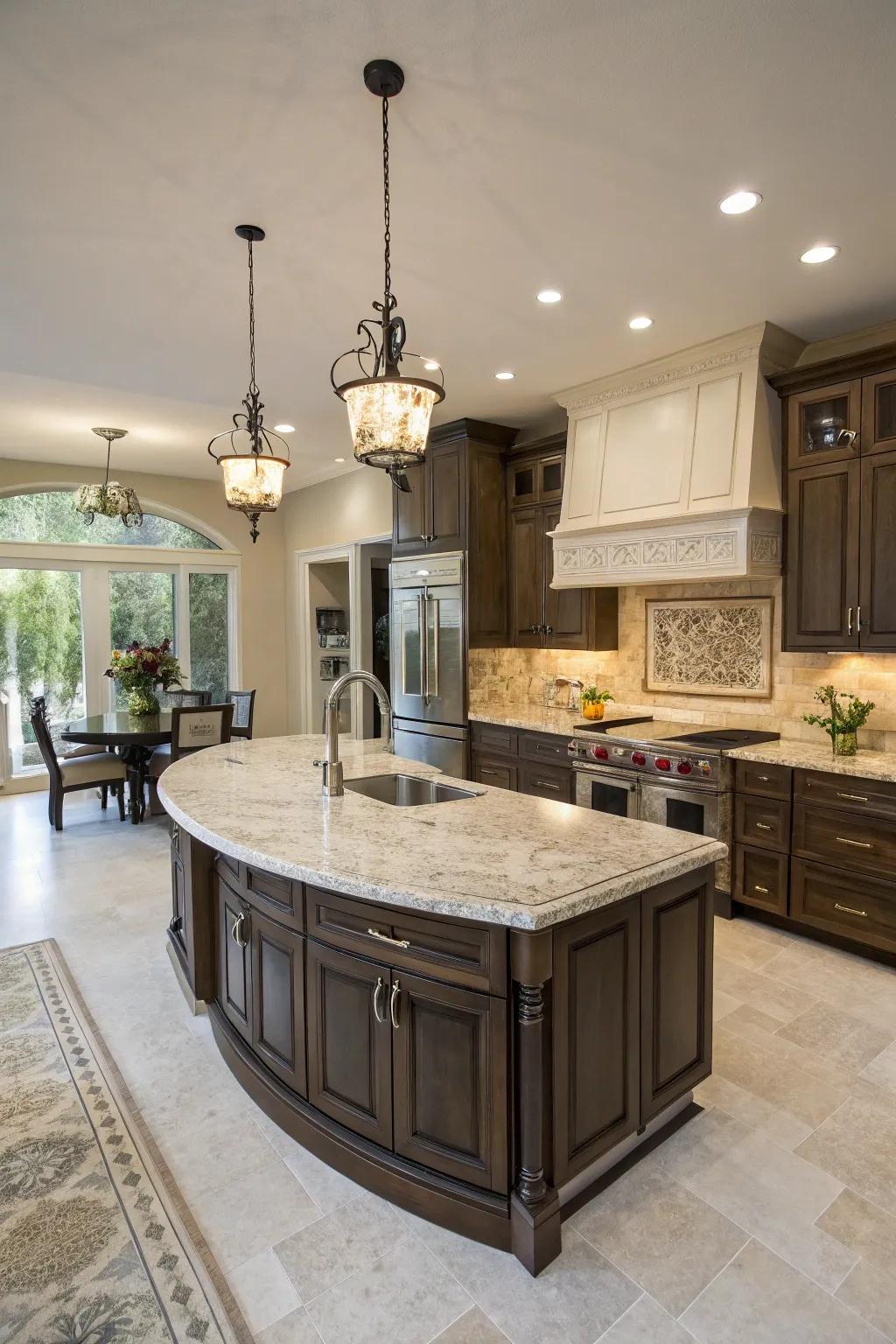 A striking arc-shaped kitchen island improving the room's spatial harmony.