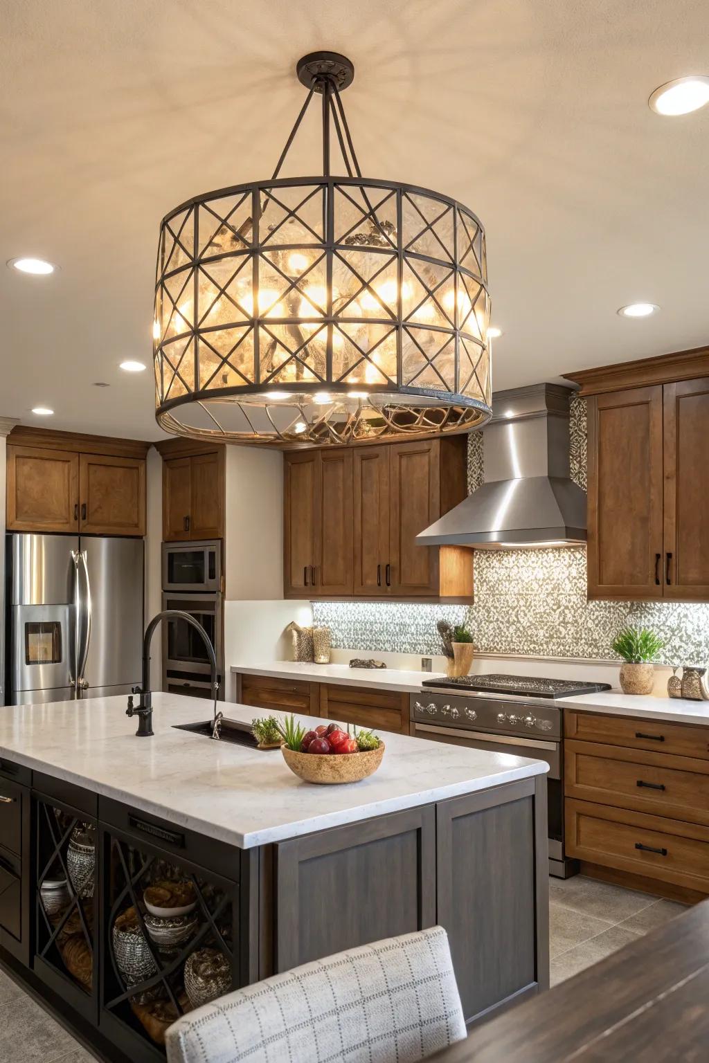 A large statement light turns this kitchen into an extraordinary space.