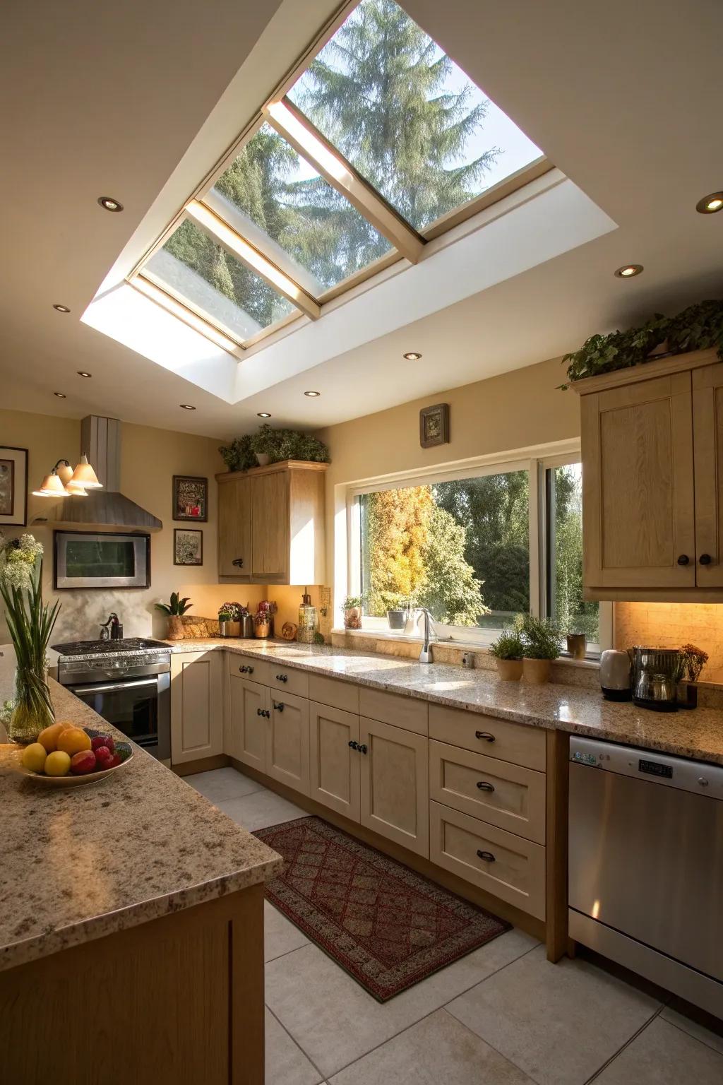 A kitchen brightened by natural light from a skylight.