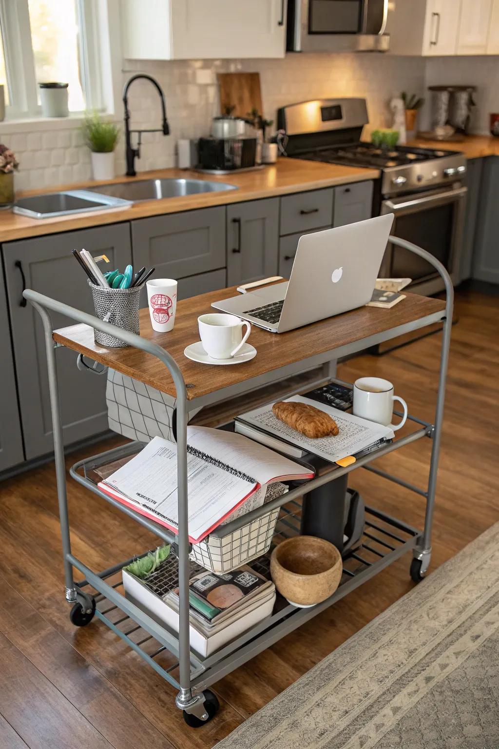 A portable office cart makes a kitchen workspace flexible.