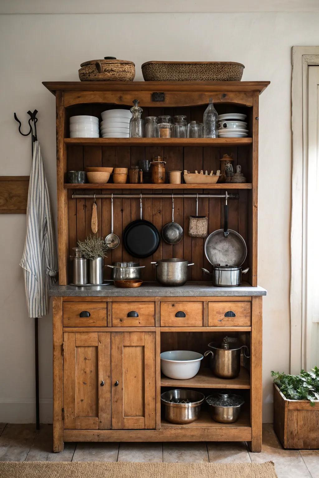 Reimagined vintage pieces can serve as charming and functional kitchen racks.