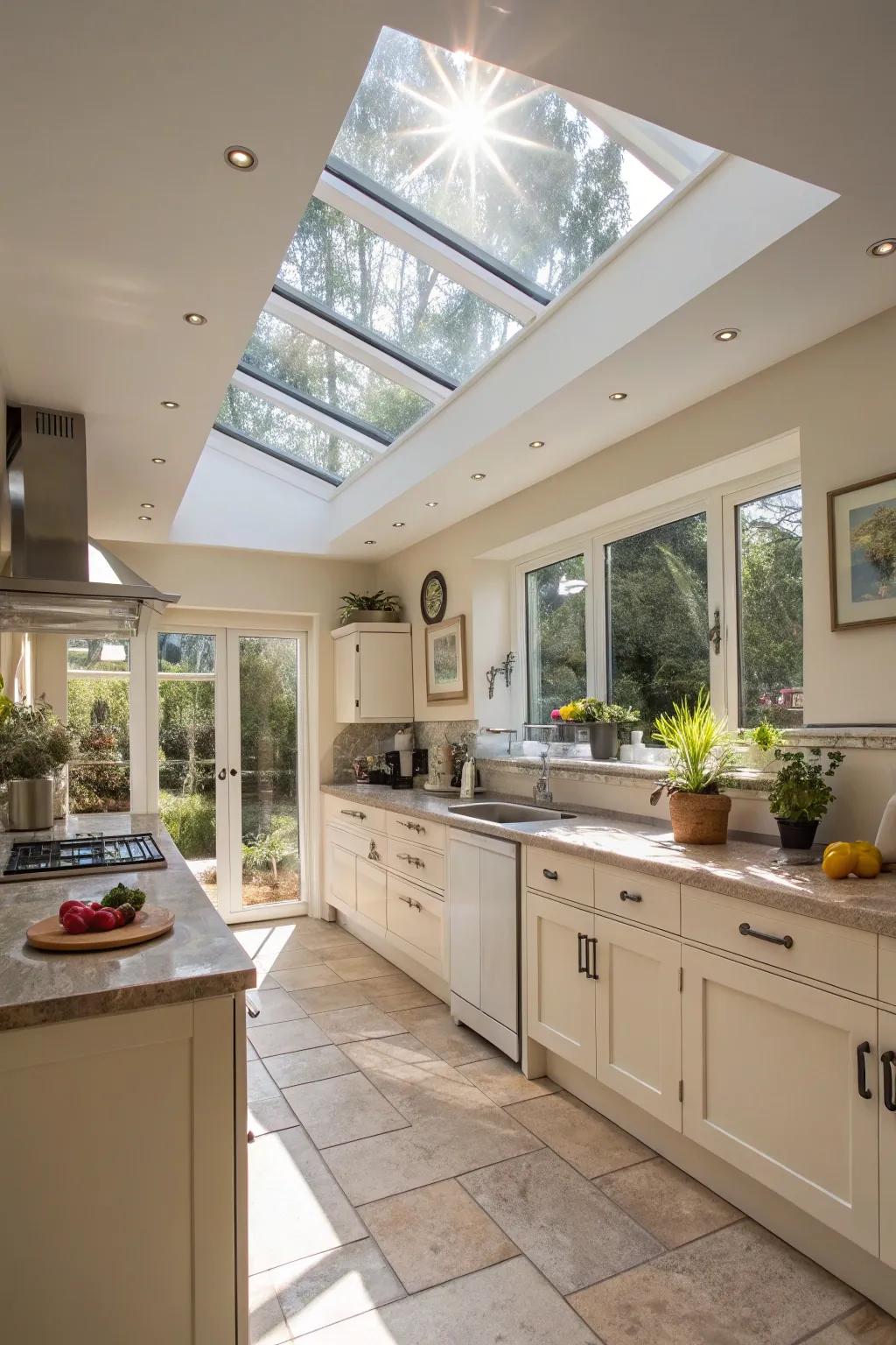 A sun tunnel transforms the kitchen with abundant sunlight.