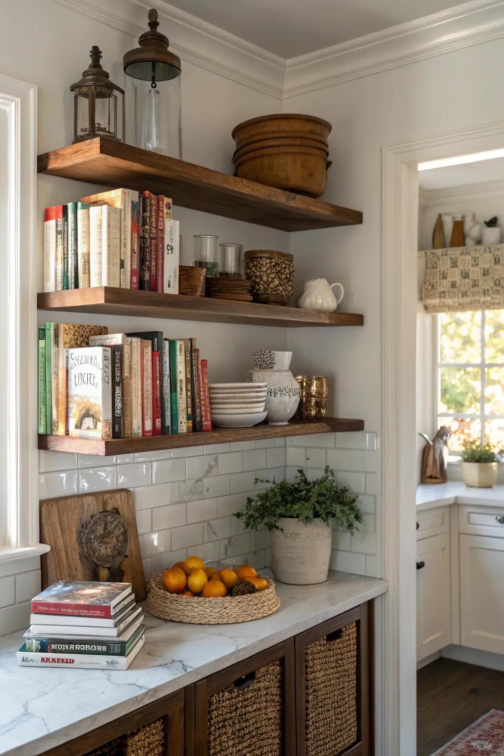 Efficient corner space utilization with L-shaped shelves.