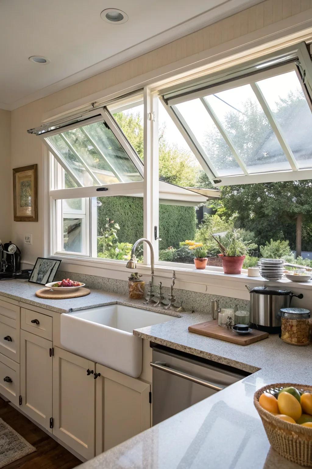A culinary space showcasing awning windows for optimal ventilation.