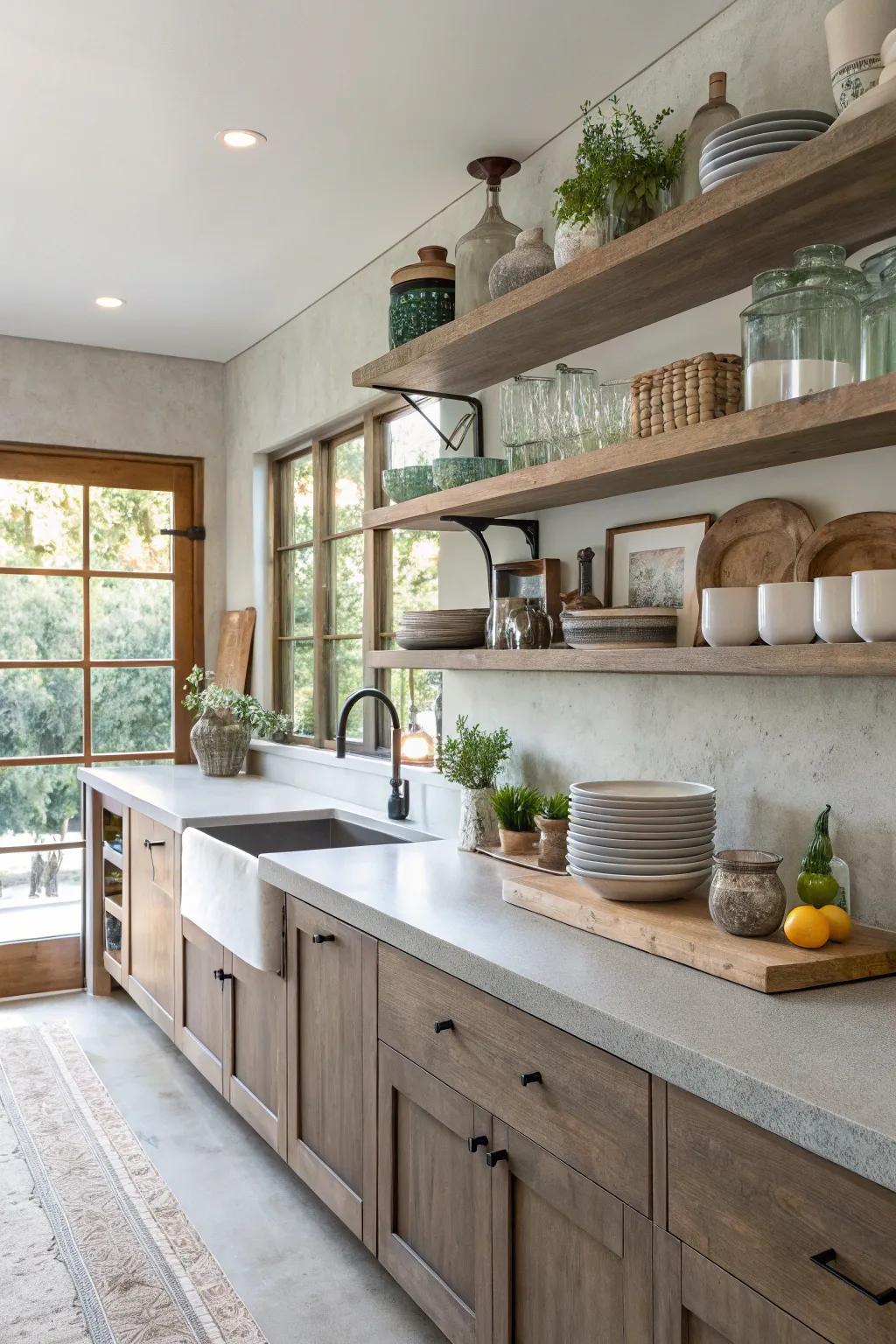 A functional kitchen layout featuring concrete countertops and elegant open shelving.
