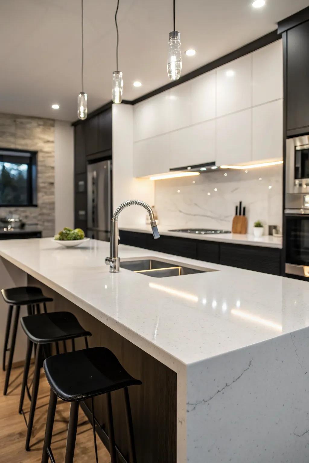 Modern monochrome charm with quartz worktops.
