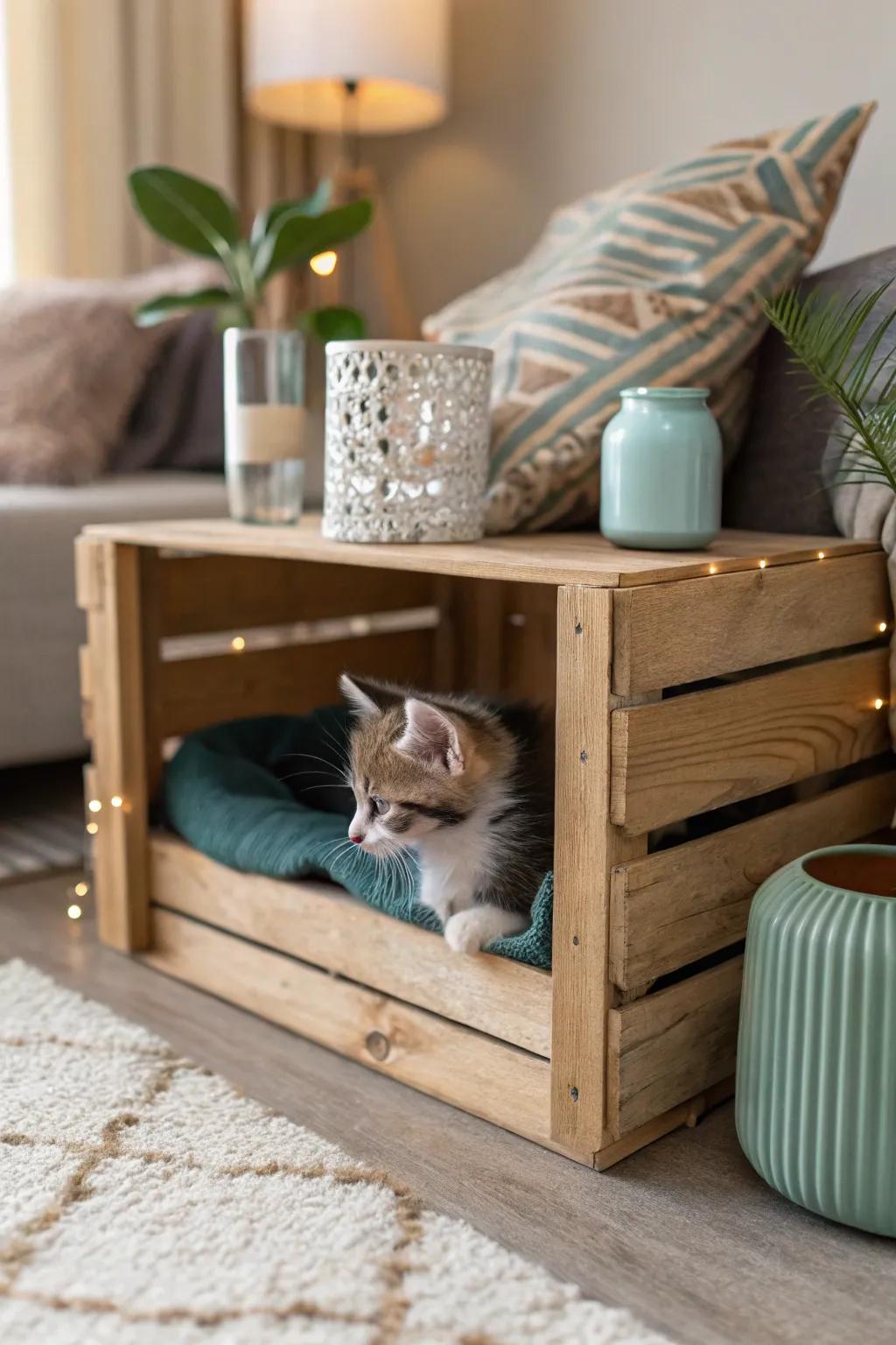 A multifunctional crate serving as both storage plus a snug kitten hideaway.