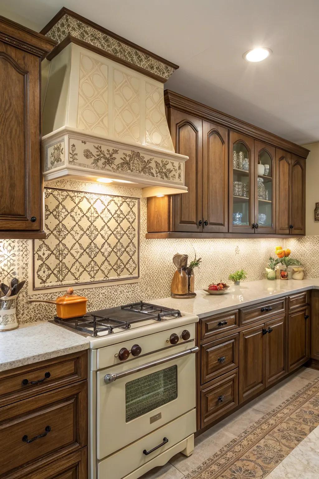 Vintage-inspired laminate backsplash offers a nostalgic kitchen atmosphere.
