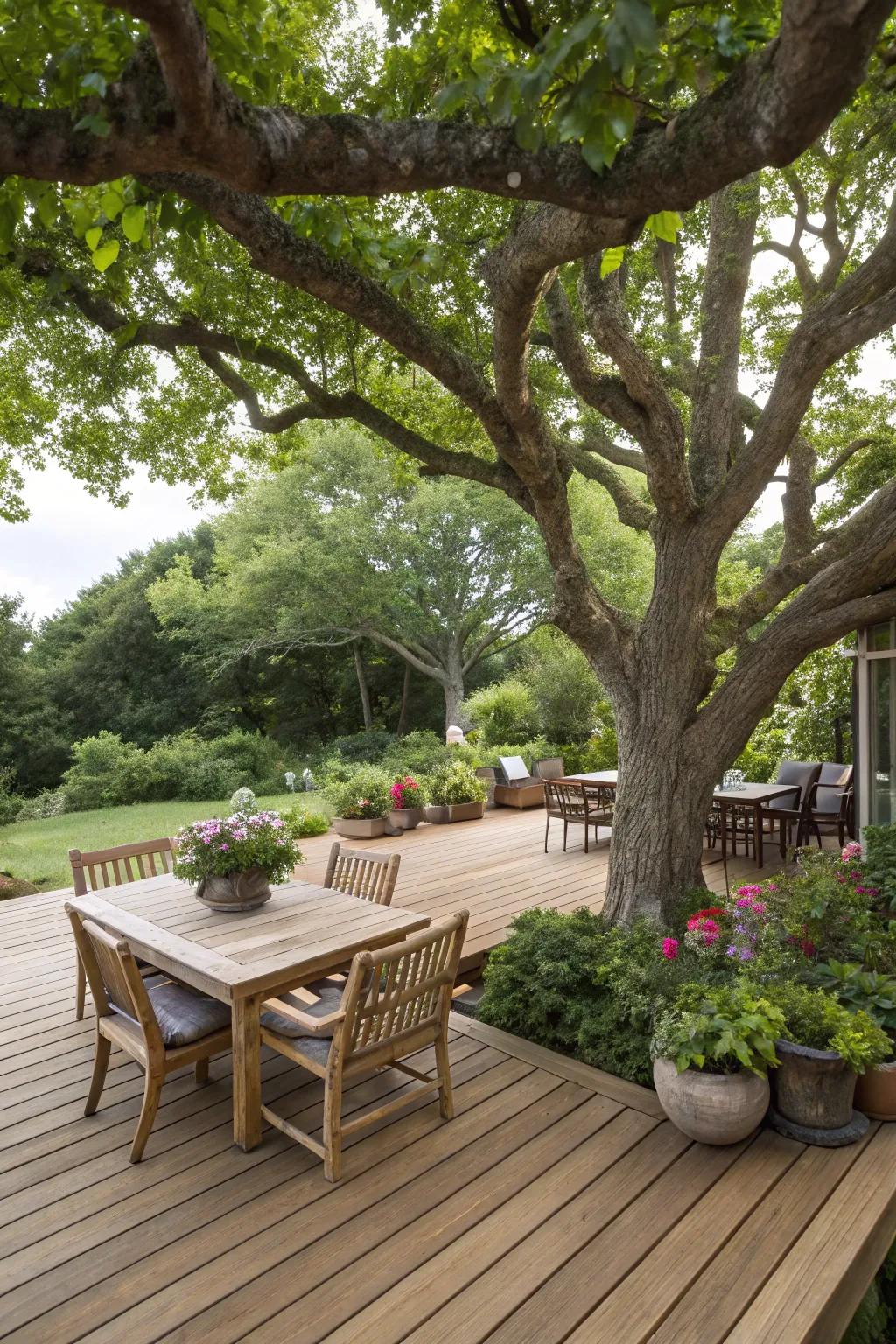 A tree can be the centerpiece of an inviting deck or patio.
