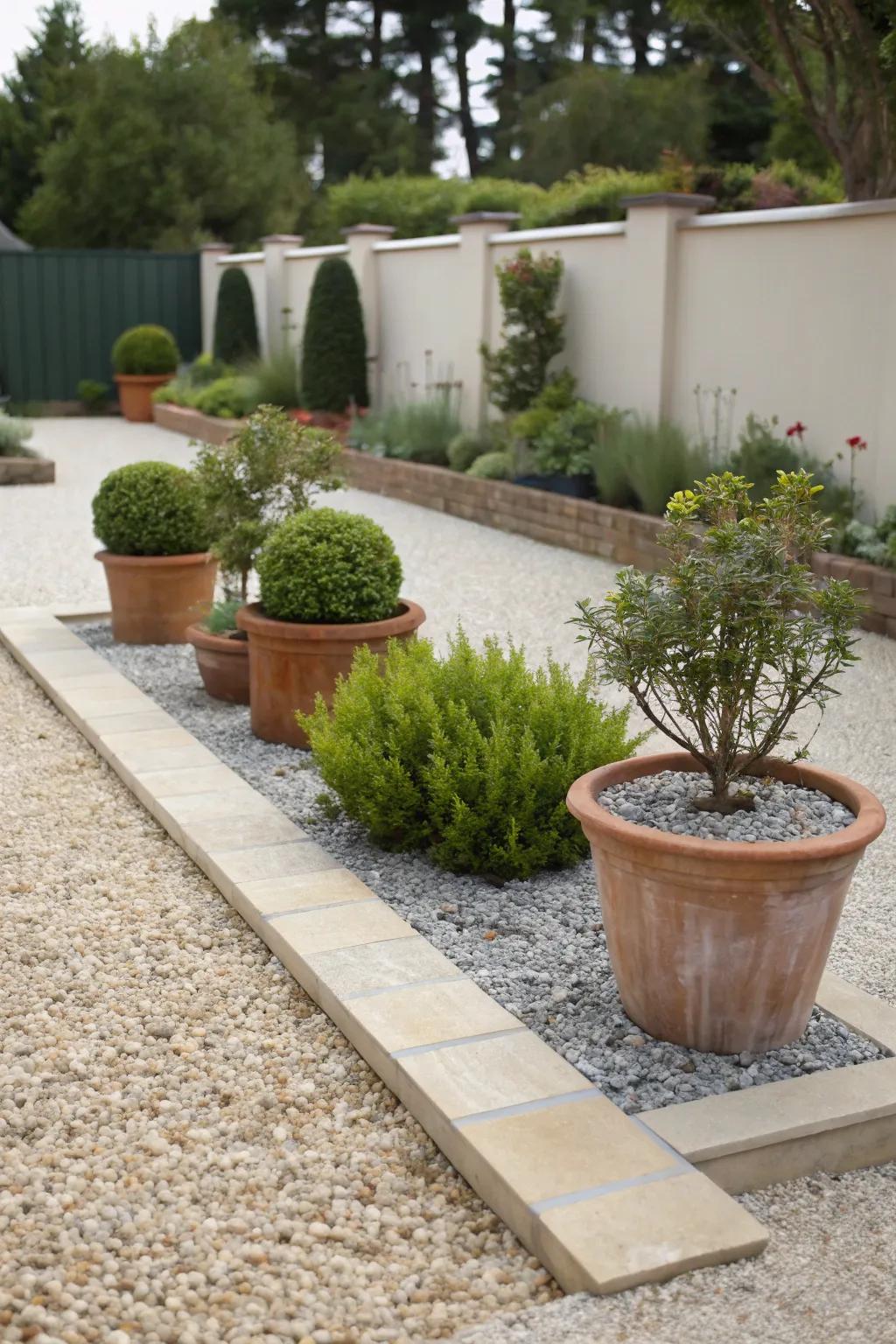 A gravel garden area with potted plants, offering a low-upkeep landscape option.