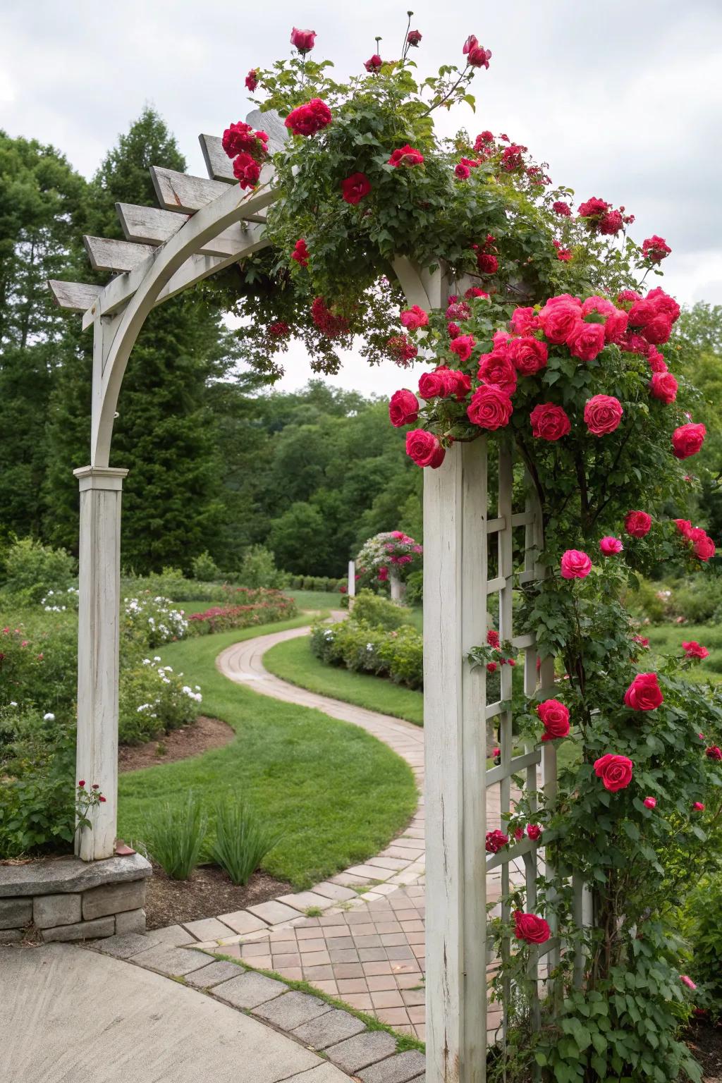 Craft a magical entry with a radiant rose arch.