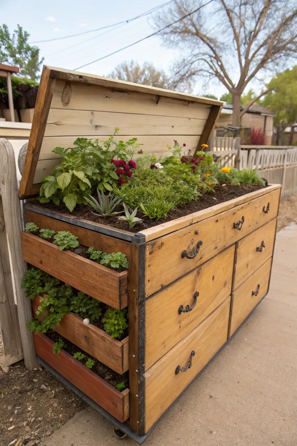 Old furniture can be used in fun ways to make raised beds that look great.