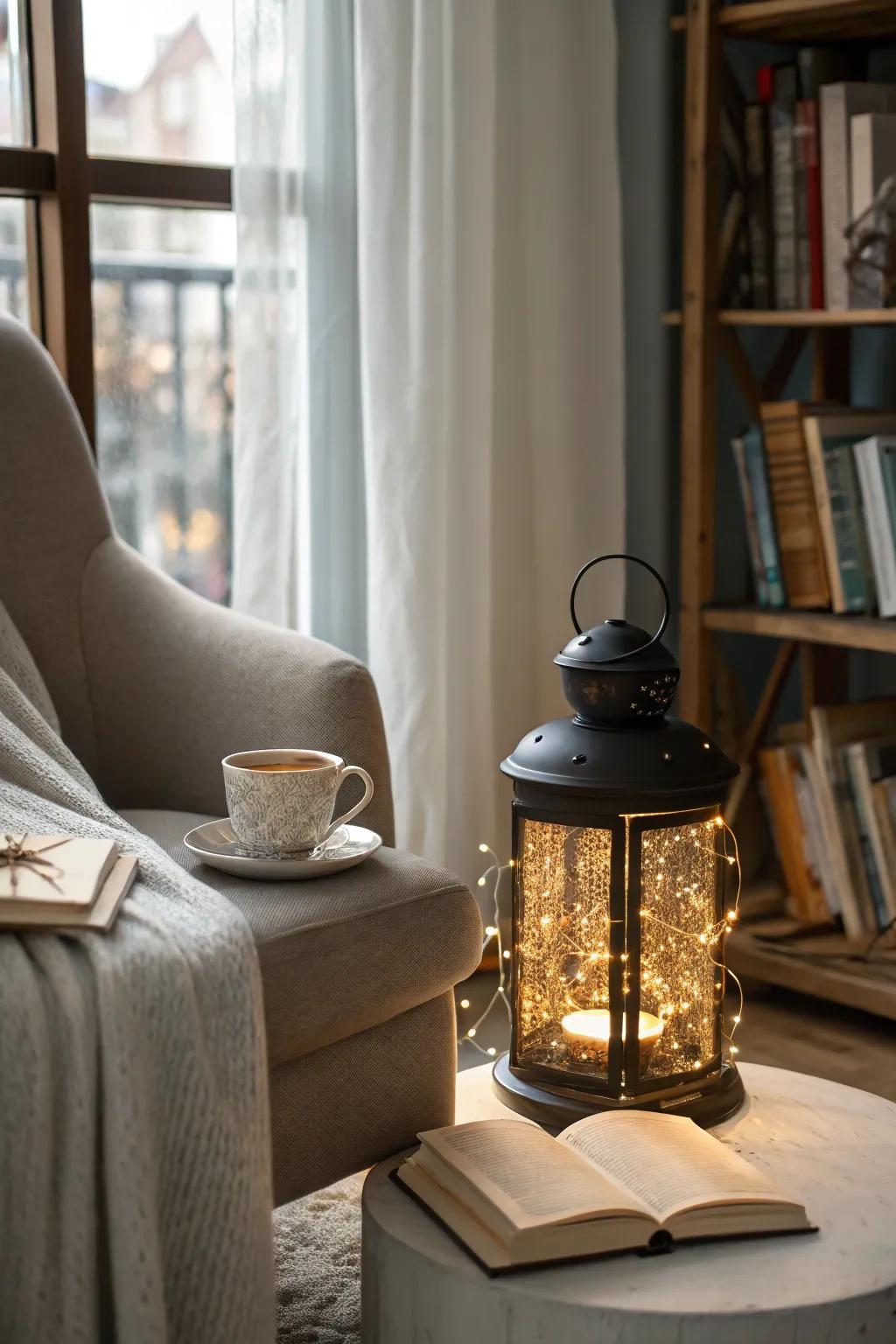 A lantern packed with sparkle lights creating a magical glow.