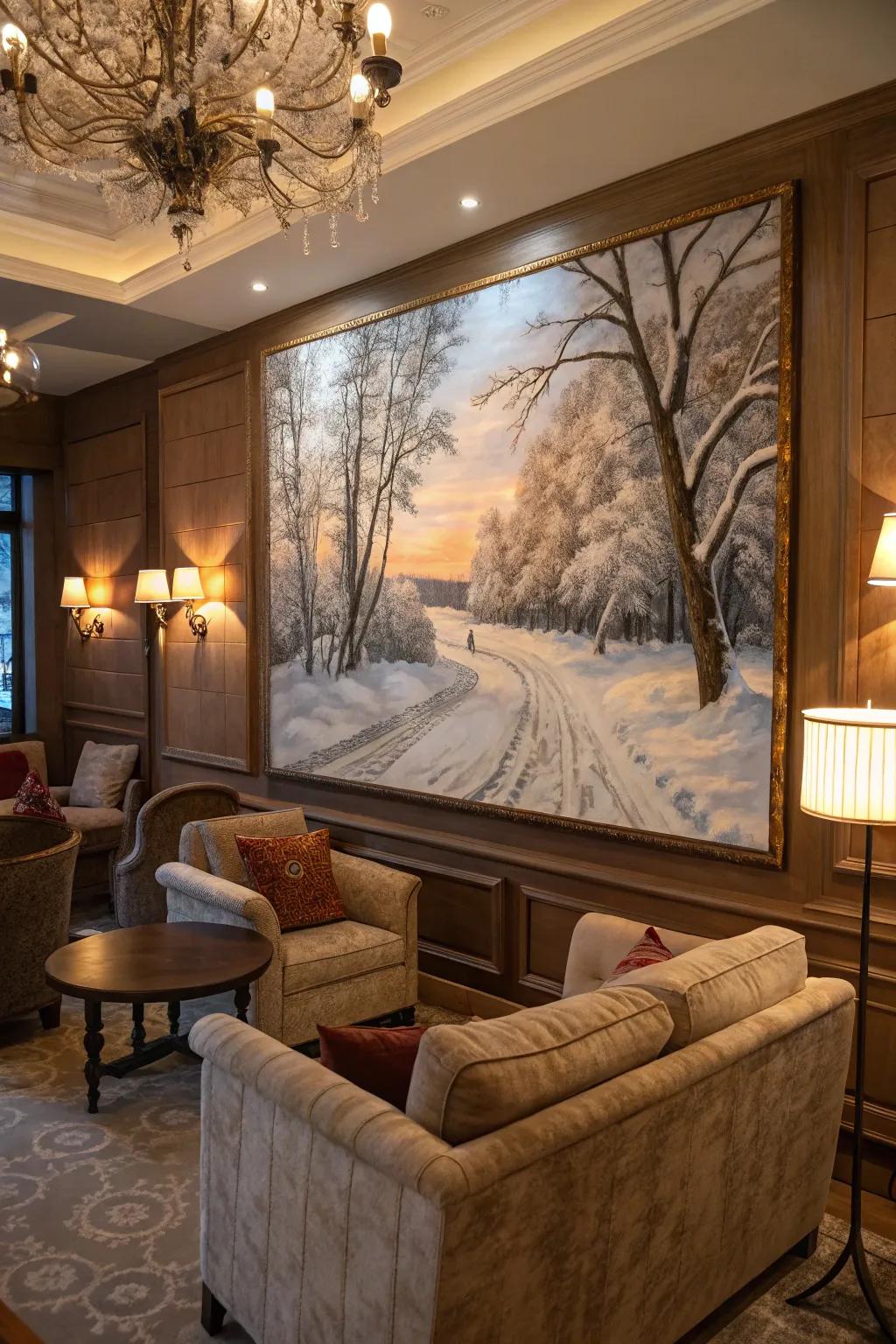 A winter themed painting brings a cozy feeling to a room, perfect for the season.