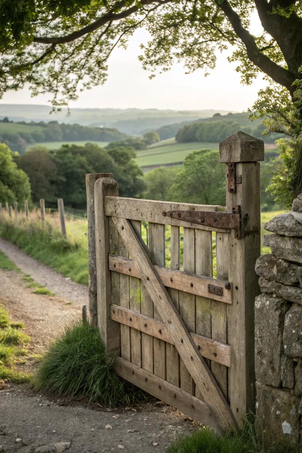 A reclaimed wood gate full of character and history.