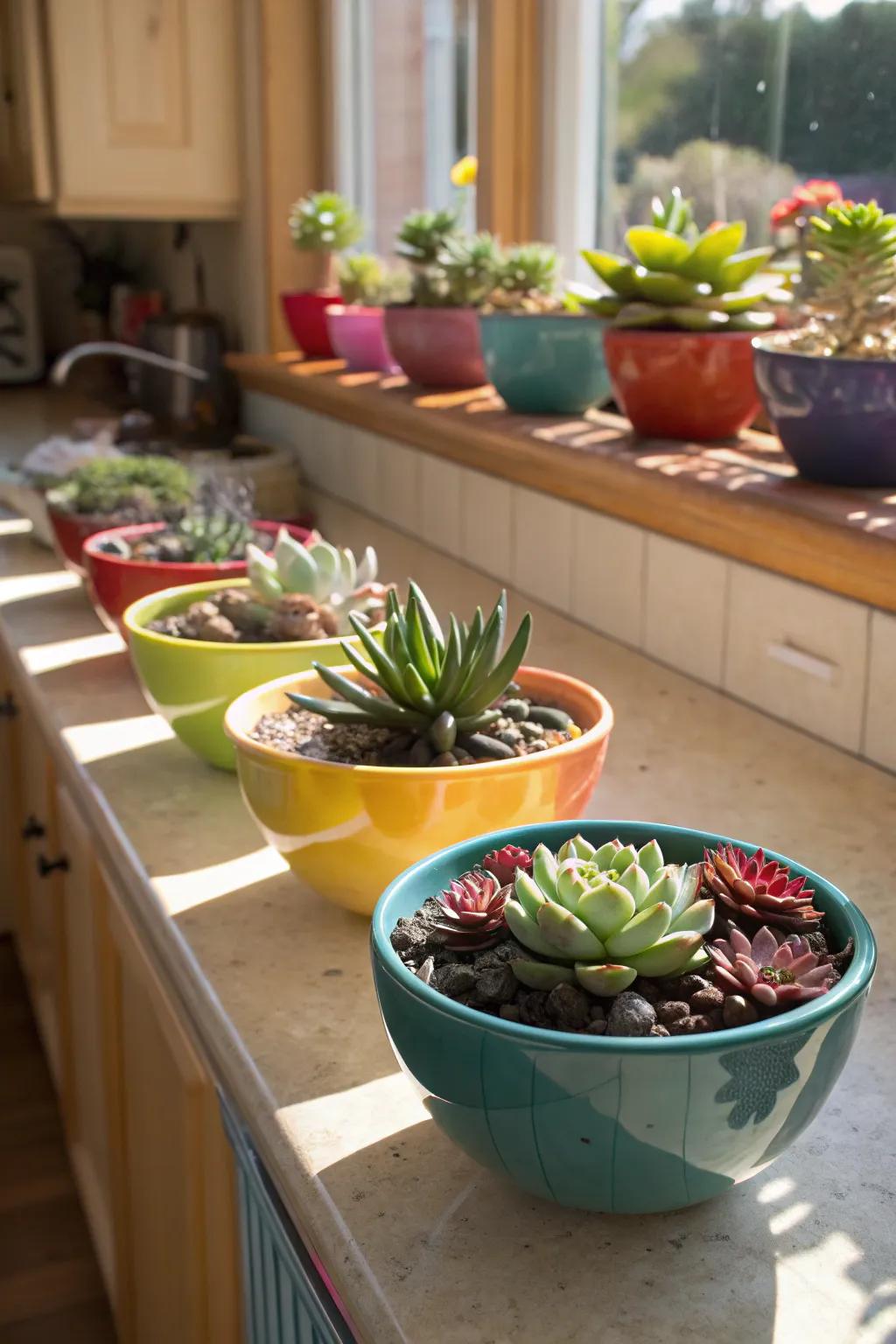 A number of vibrant ceramic bowls showing succulents.