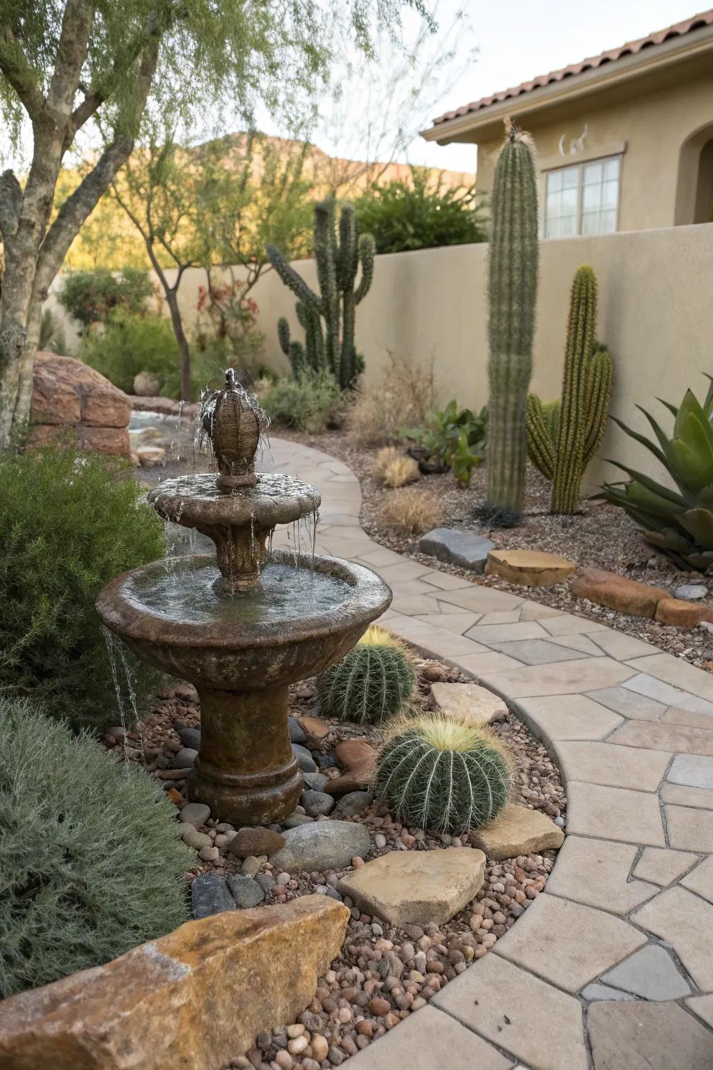 A small water fountain among desert plants in a Las Vegas backyard.