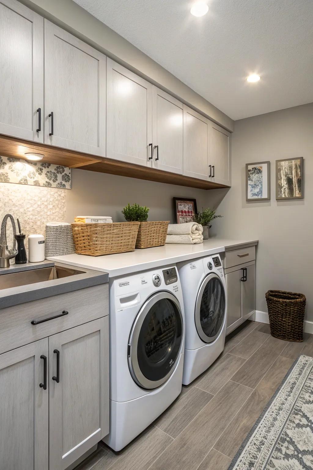 Laminate countertops that are flexible in a modern laundry room.