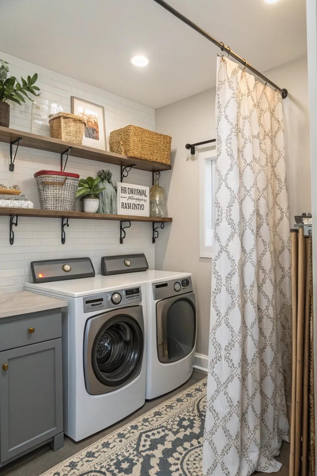 Fancy hanging rods can contribute supplemental flair to your utility area.