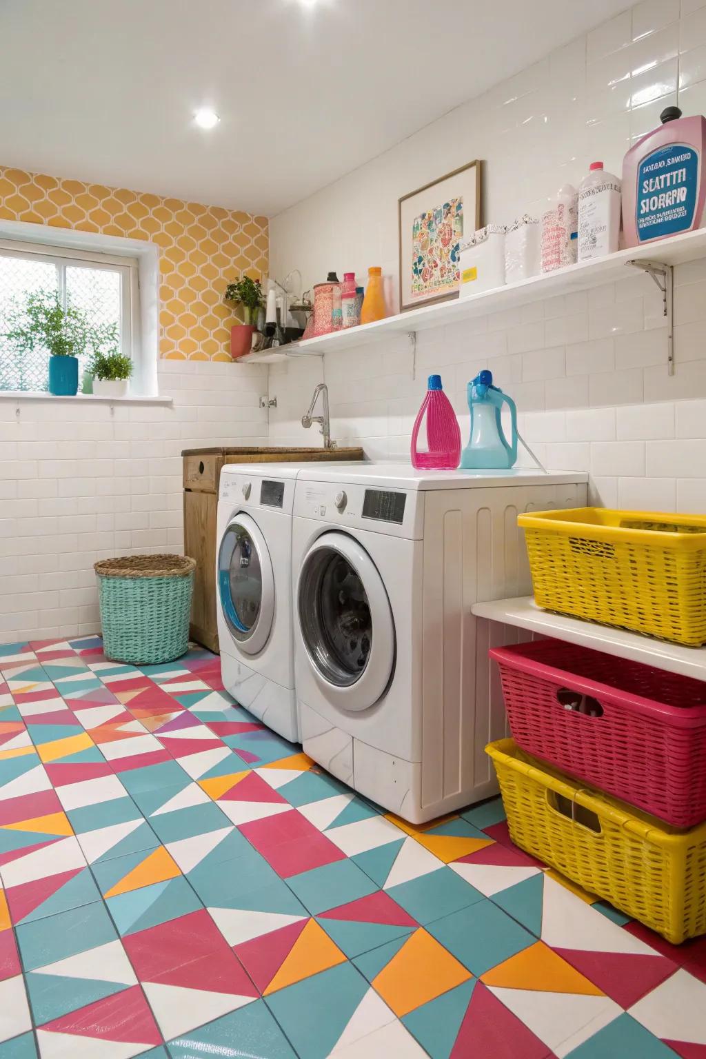 Bold colors create a striking statement in this laundry room.