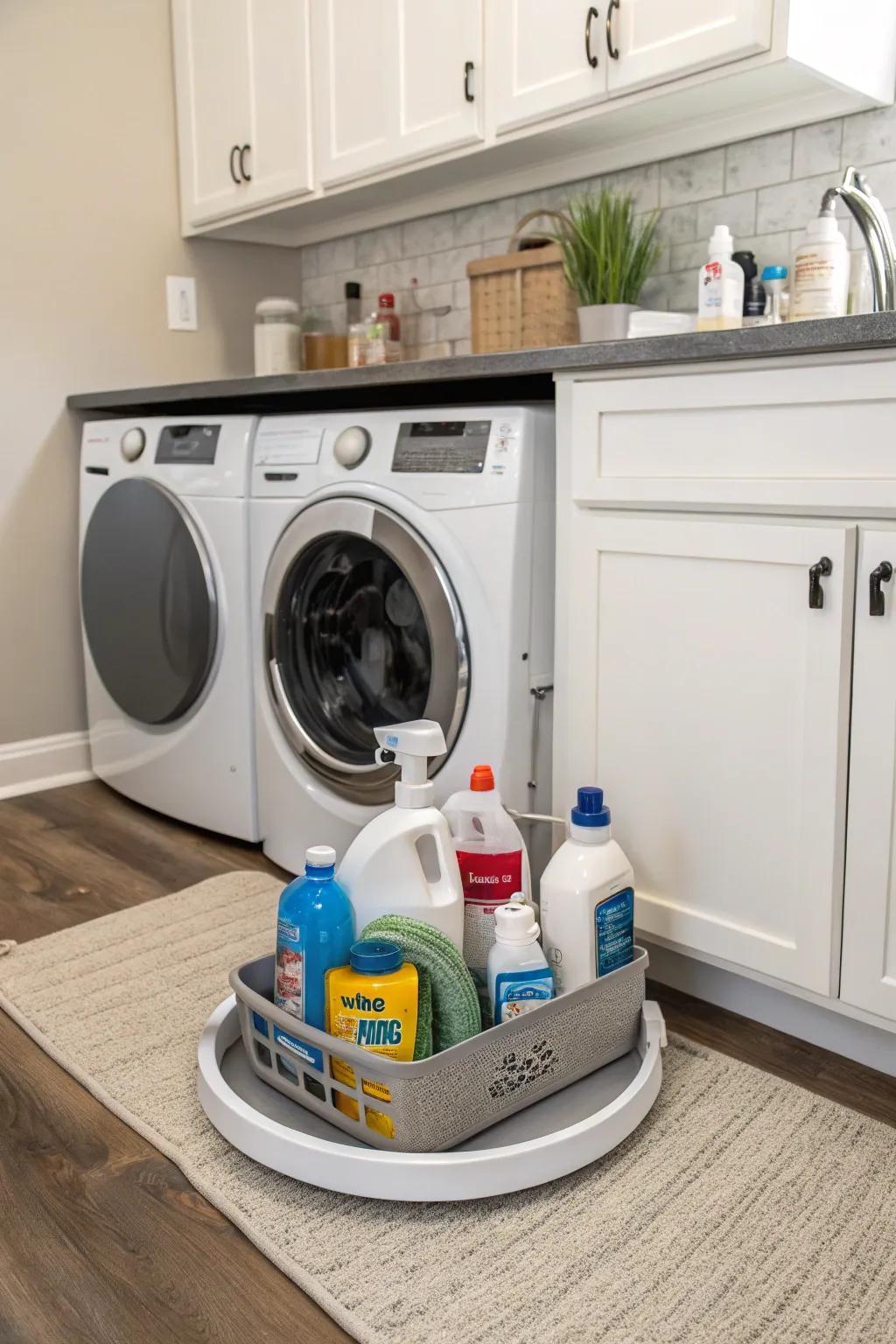 Maximize under-sink storage with a skinny lazy Susan.