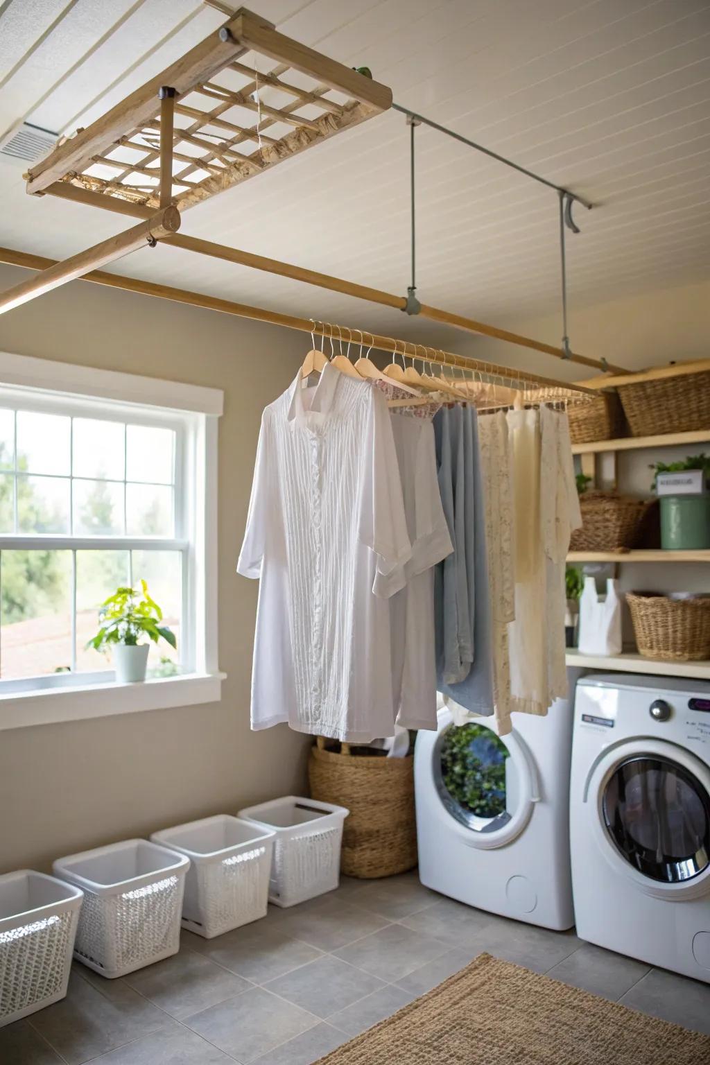A ceiling-mounted drying rack adds functionality and style.
