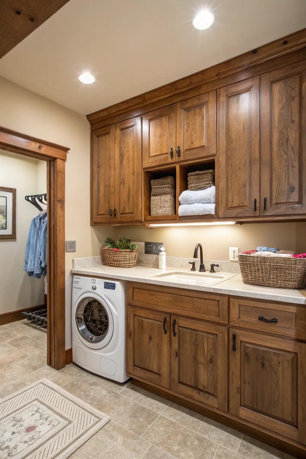 Custom wood surrounds give basins a built-in, stylish look.