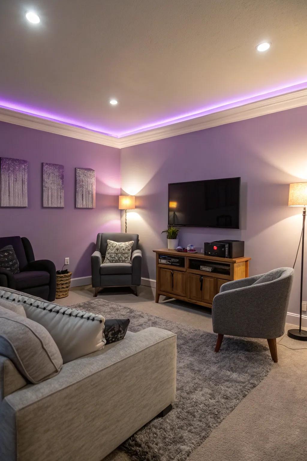 A living area featuring a bold lilac feature wall for a dramatic effect.