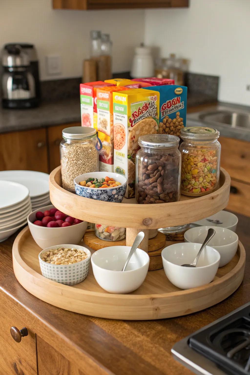 A convenient breakfast bar setup on a spinning organizer.