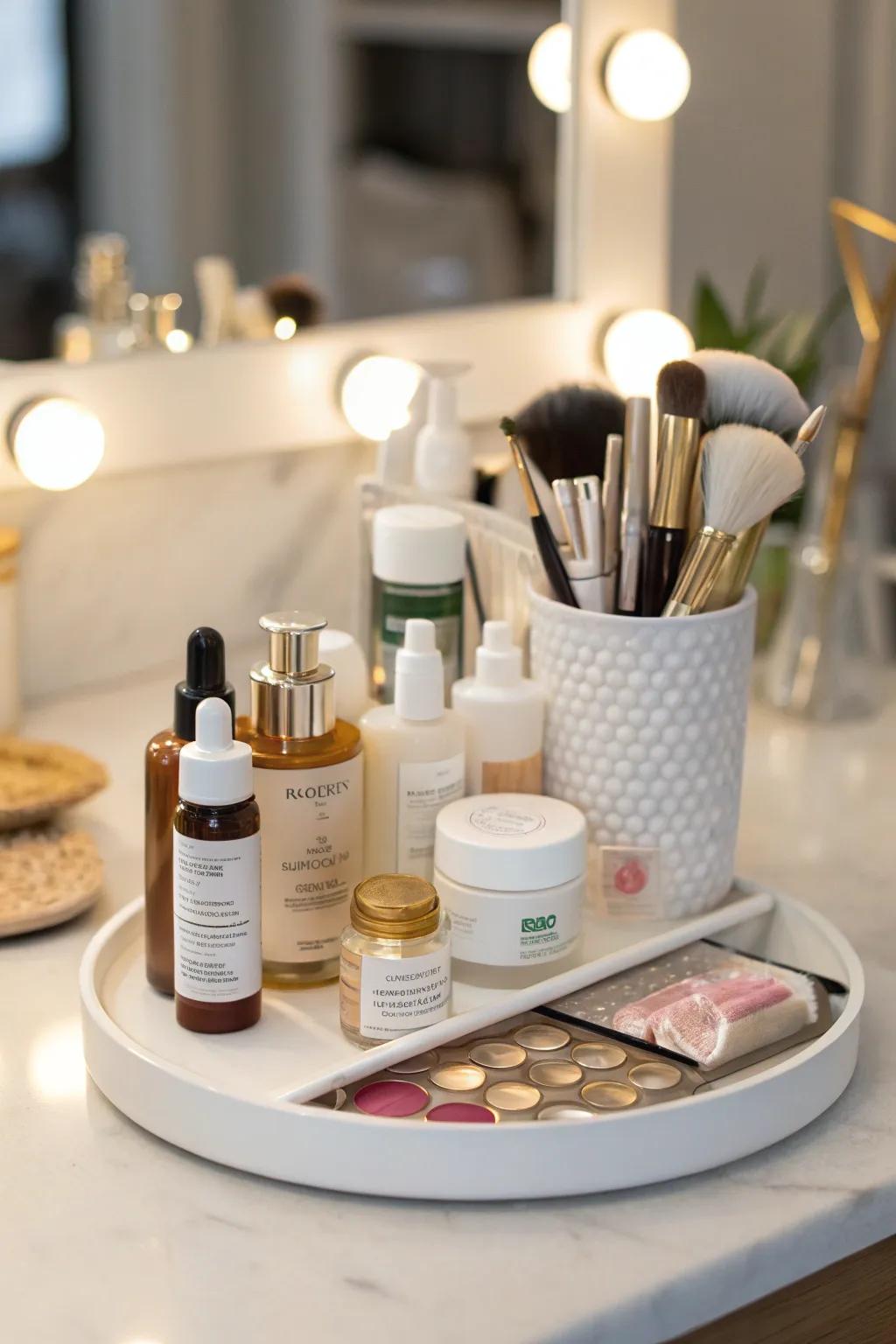 A glamorous vanity is enhanced by a <strong>lazy Susan</strong> that keeps all beauty products organized.&rdquo; loading=&rdquo;lazy&rdquo; class=&rdquo;pimg&rdquo;>
	</picture><figcaption>A glamorous vanity is enhanced by a <strong>lazy Susan</strong> that keeps all beauty products organized.</figcaption></figure>
<p>Change your vanity with a <strong>lazy Susan</strong> for your skincare and makeup products. It gives a sense of order and luxury to your daily beauty routine.</p>
<h3>A few relevant products:</h3>
<ul class=