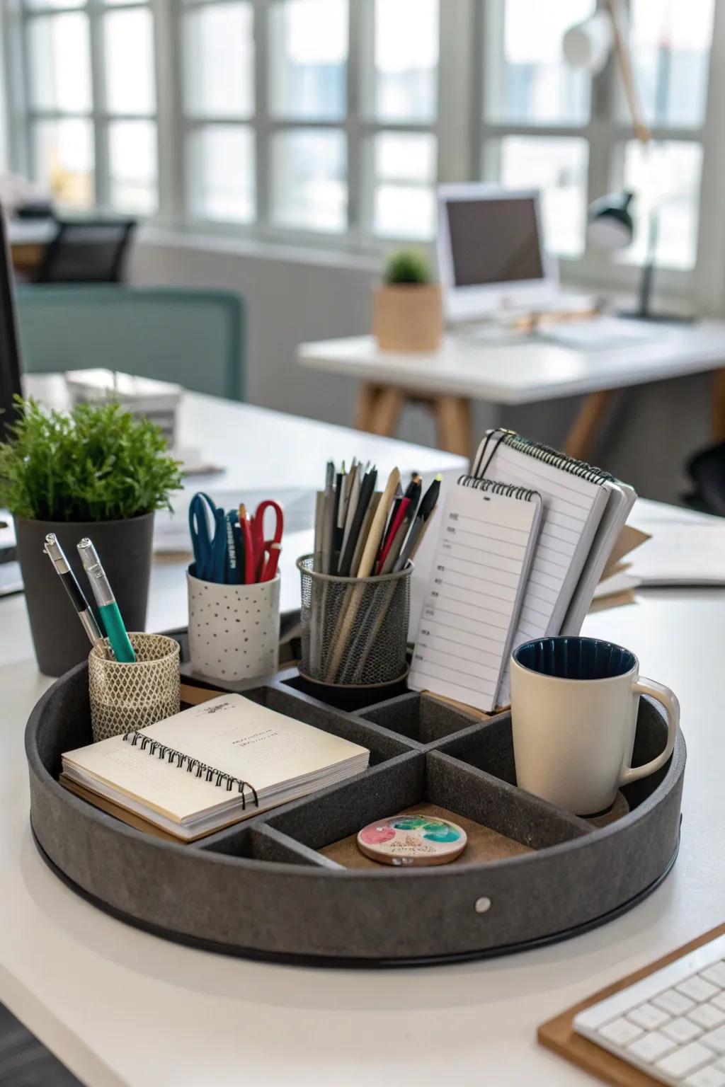 Optimize your office space with a neatly arranged spinning organizer.