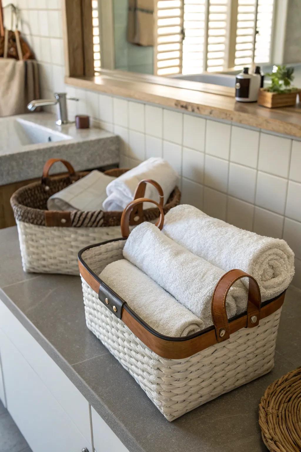 Hide trims elevate simple baskets.