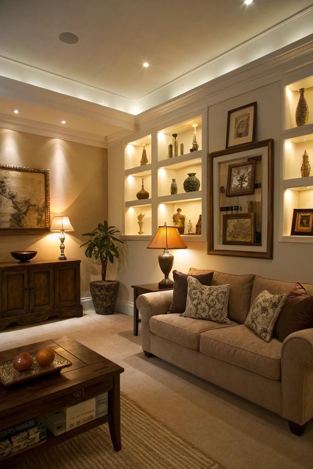 Contemporary touch through fitted LED wall crannies.