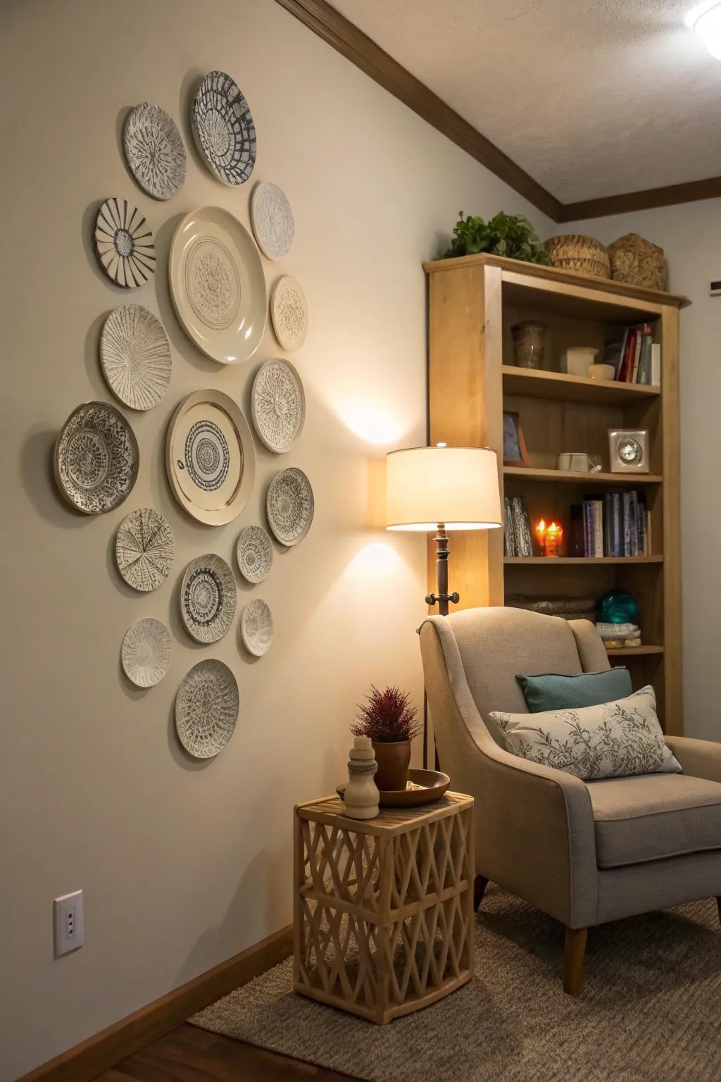 A mindfulness art installation made from plates, bringing serenity to a home.