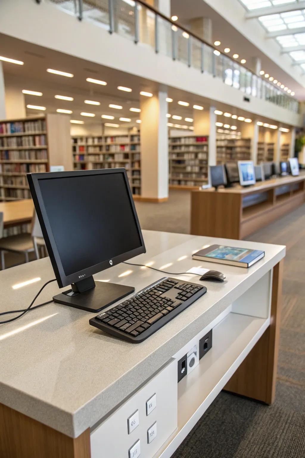 A contemporary library desk fitted with technology for the modern user.