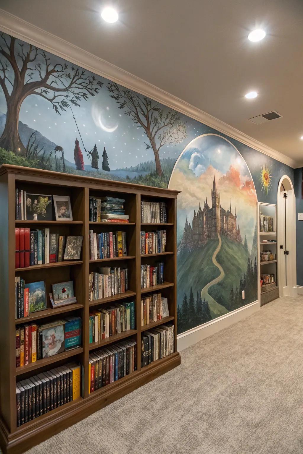 Dreamlike murals can give your library the sense of being an entryway to other worlds.