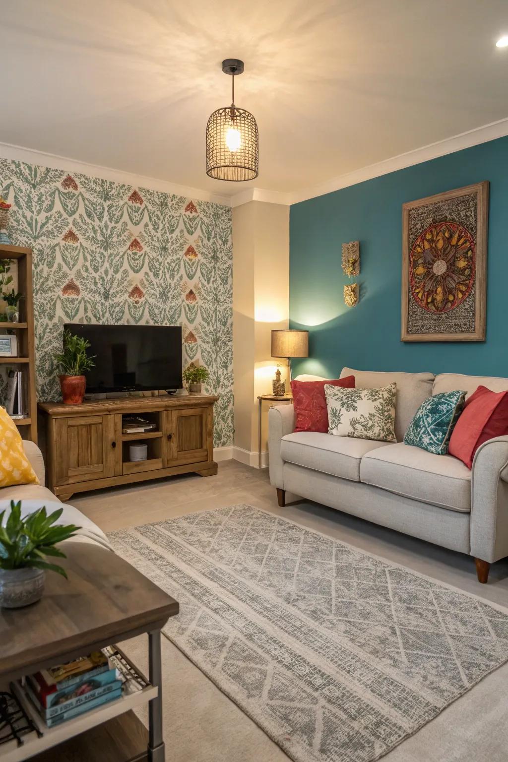 A vibrant living room featuring a bold accent wall and light grey flooring.