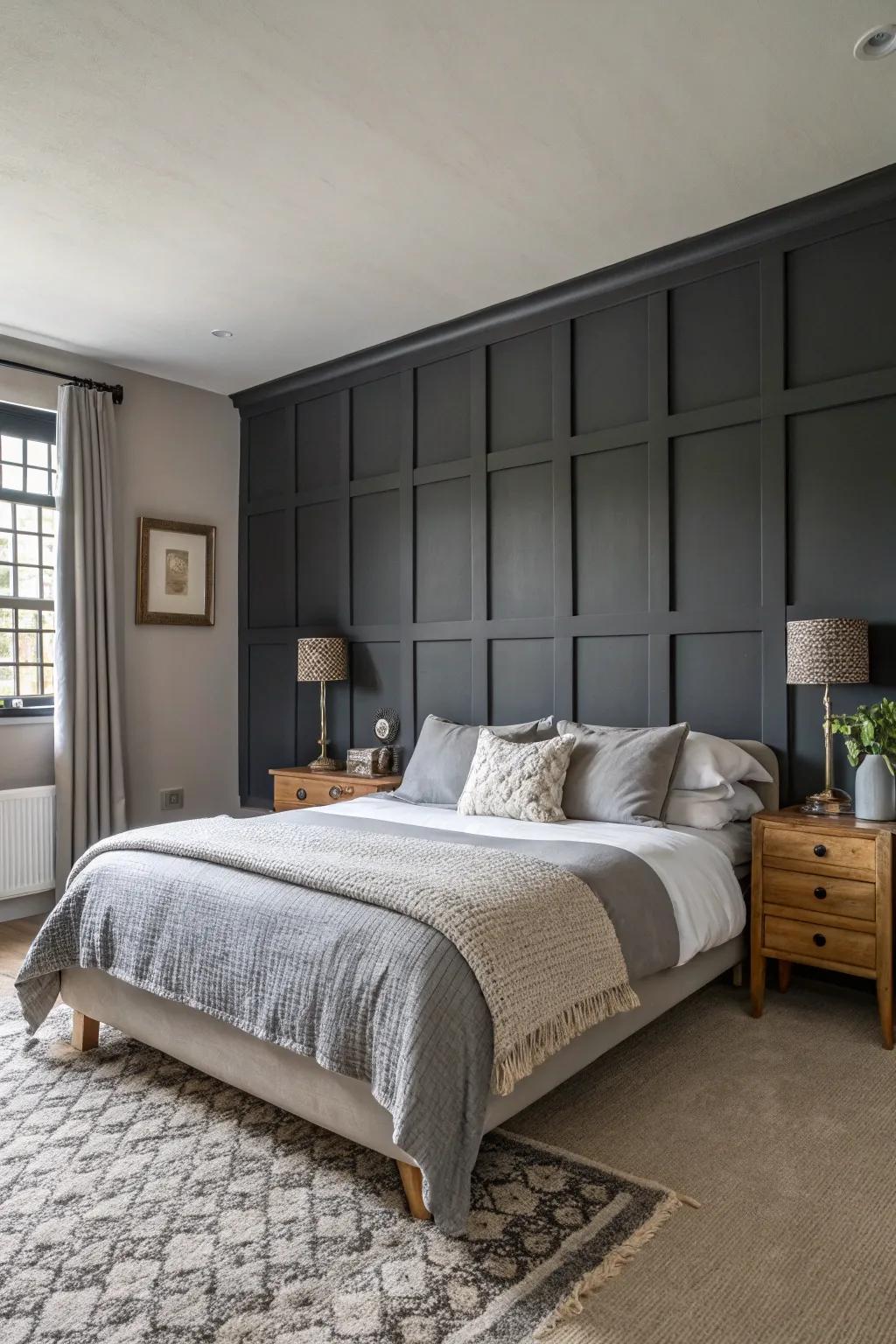 A dark grey feature wall adds drama to a light grey bedroom.
