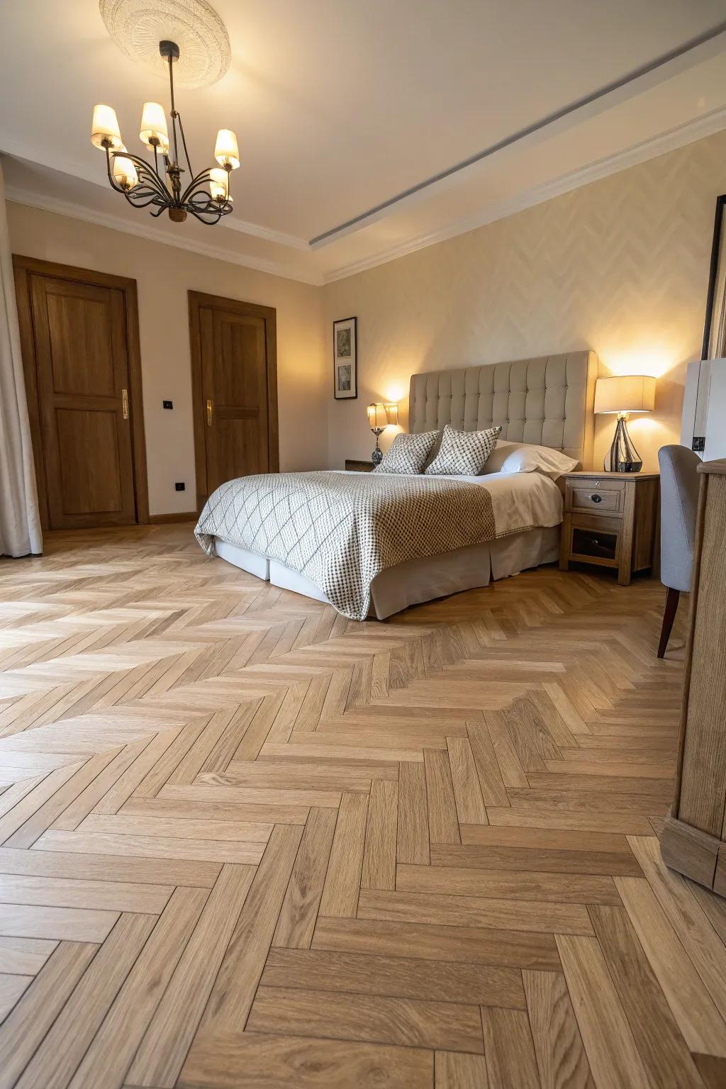 Parquet layouts enrich elegance to bright timber flooring.