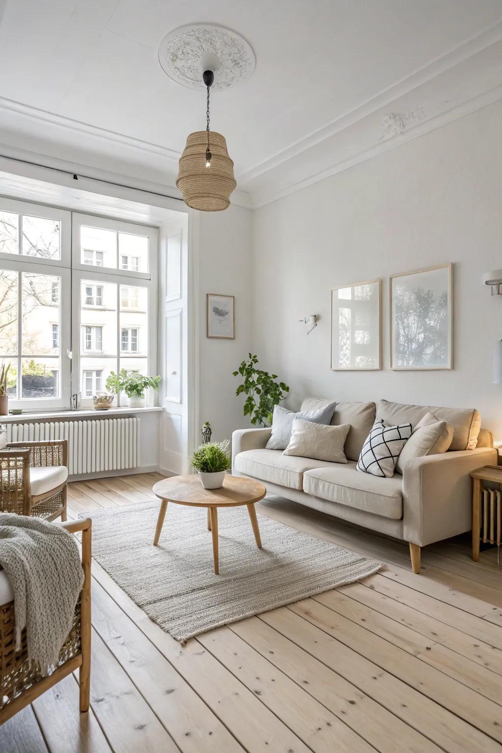 A living area inspired by Nordic design, celebrating simplicity and functionality with its light wooden floors.