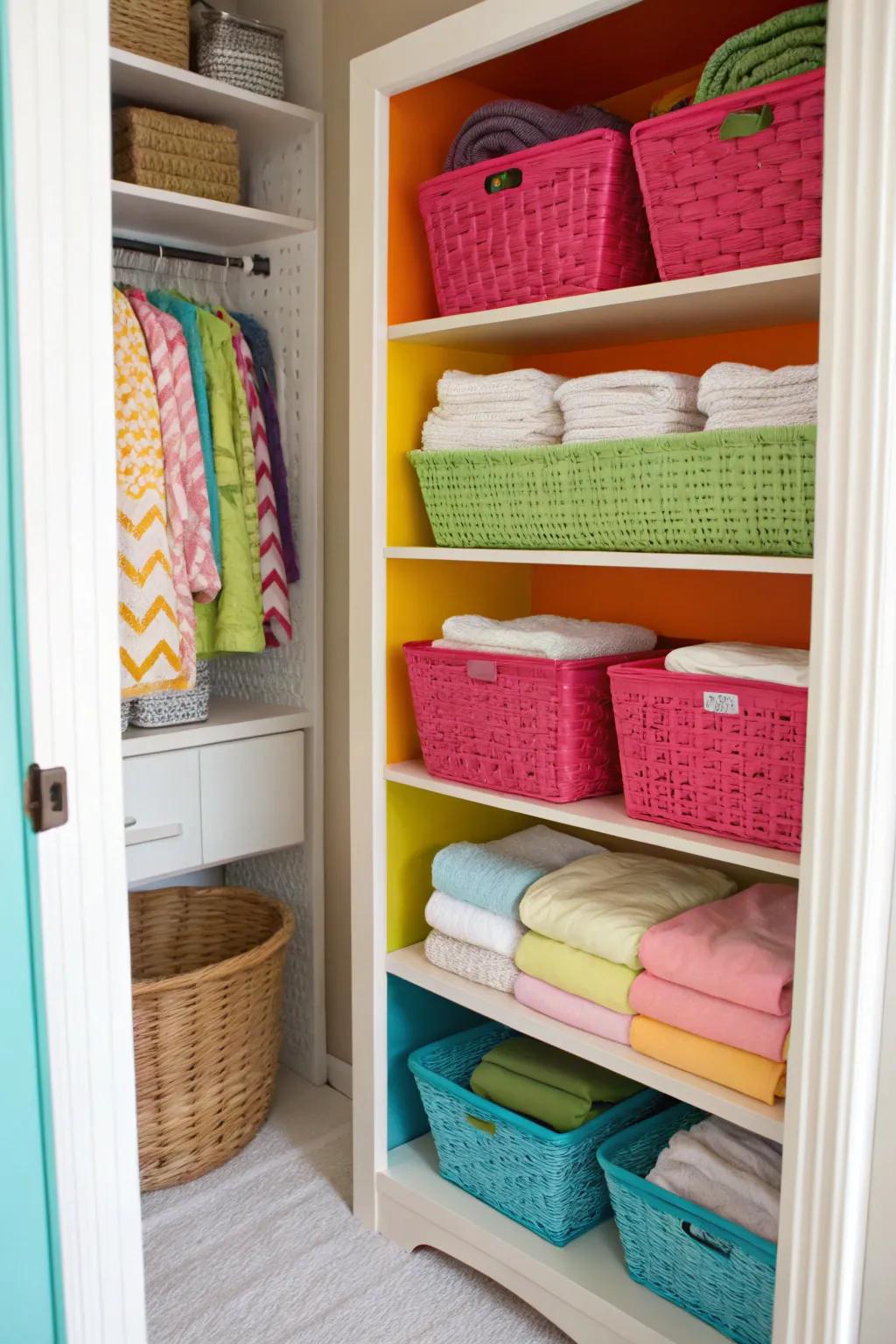 A splash of color can really brighten up a linen closet.
